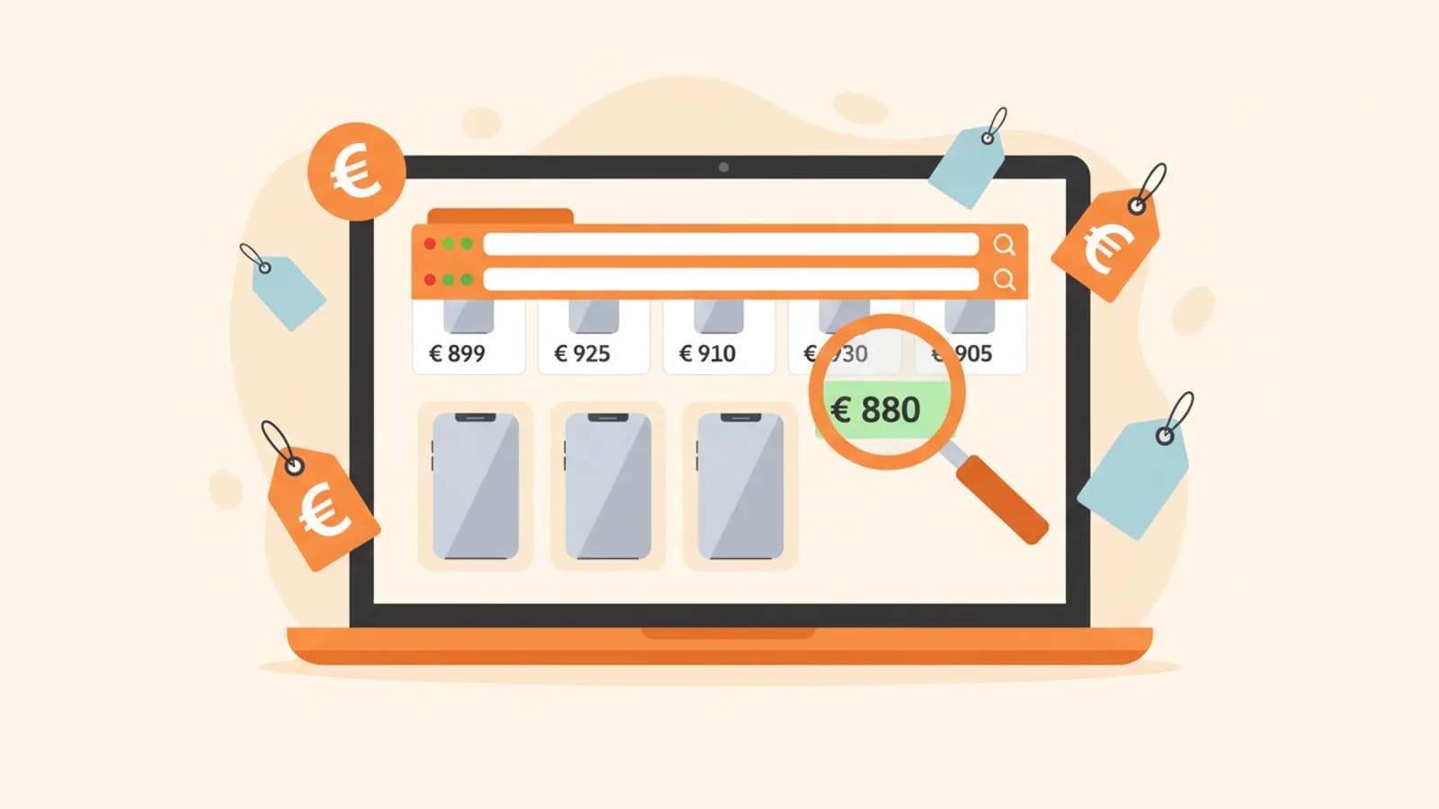 Écran de comparaison de prix avec loupe et étiquettes en euros