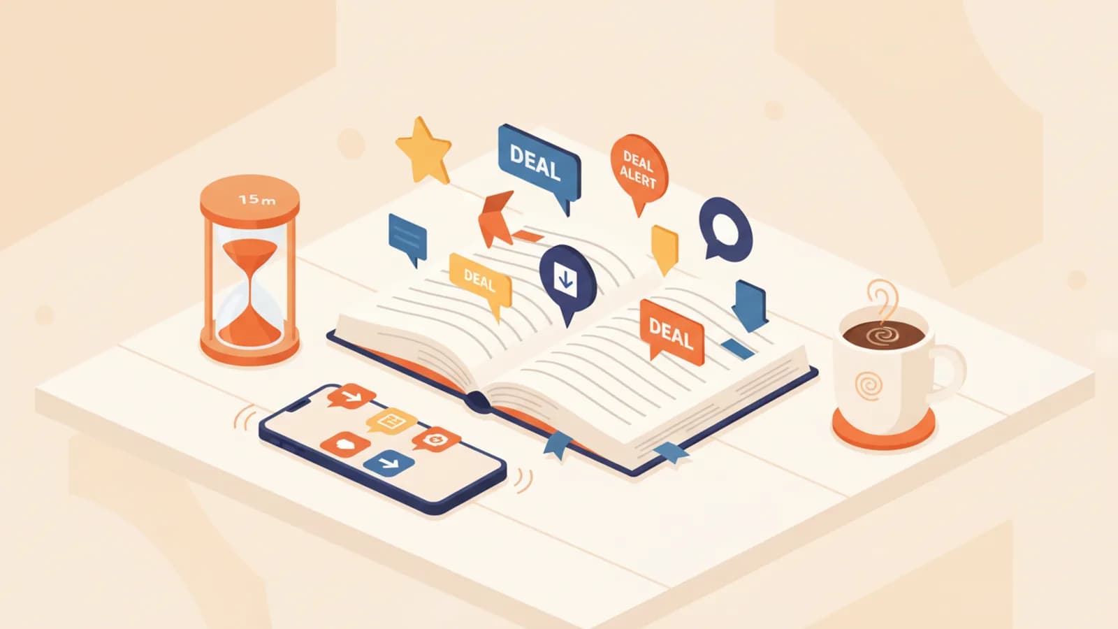 Illustration d un calendrier avec des alertes de bons plans et une horloge