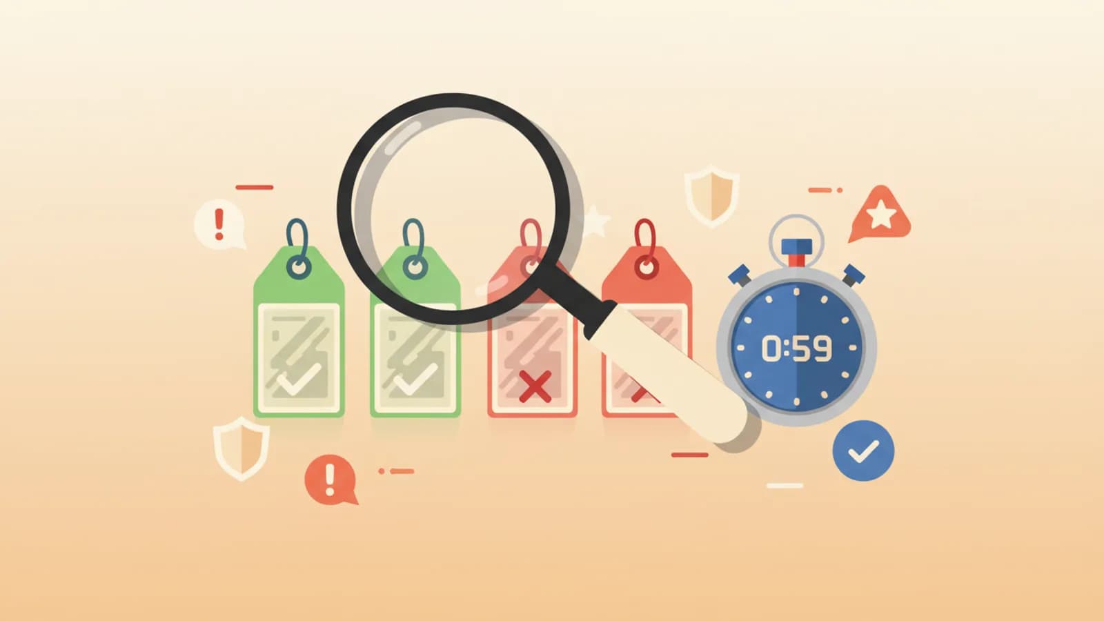 Loupe examinant des étiquettes de prix avec des fleches rouges et vertes