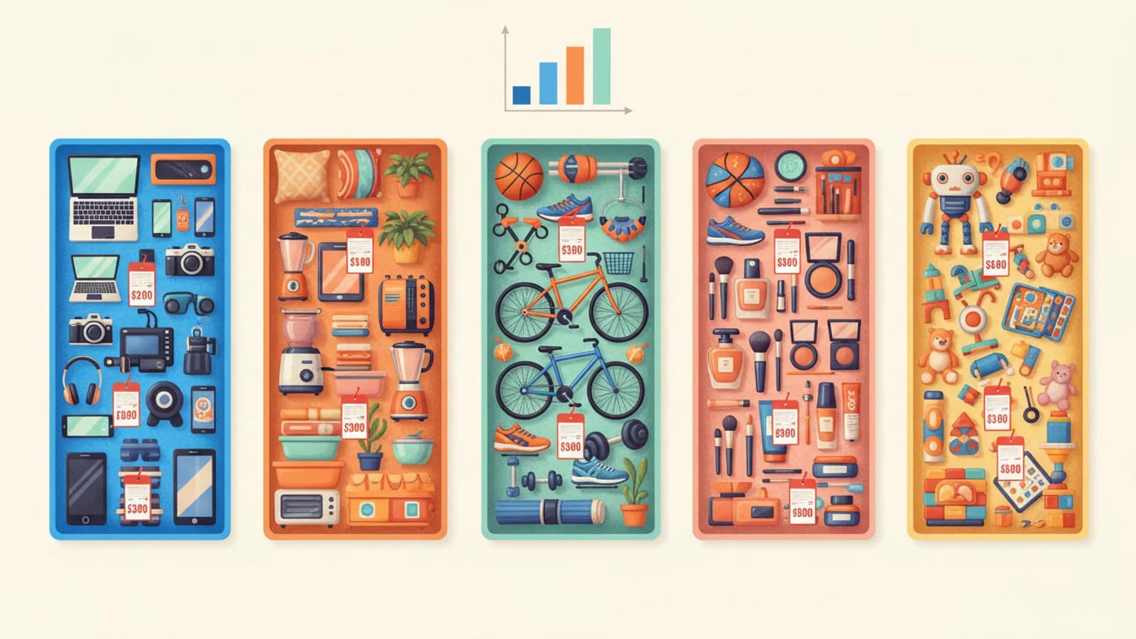 Rayons de magasin stylisés avec des étiquettes de prix erronées sur différentes catégories