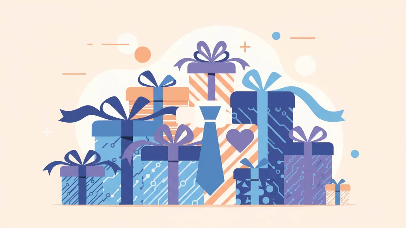 Illustration de cadeaux tech emballés avec des rubans et un symbole de père