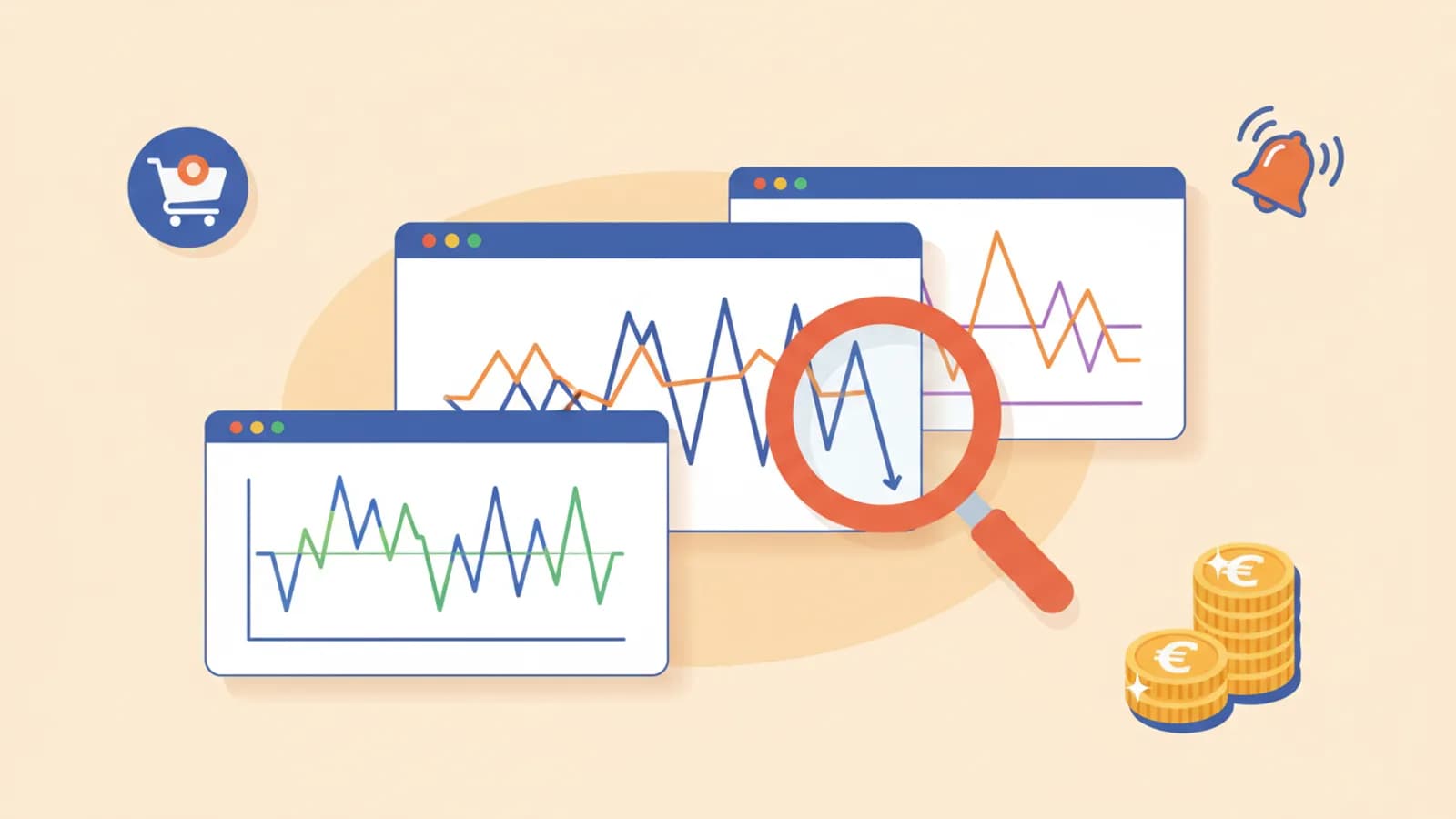 Fenêtrès de navigateur avec graphiques d historique de prix et alertes