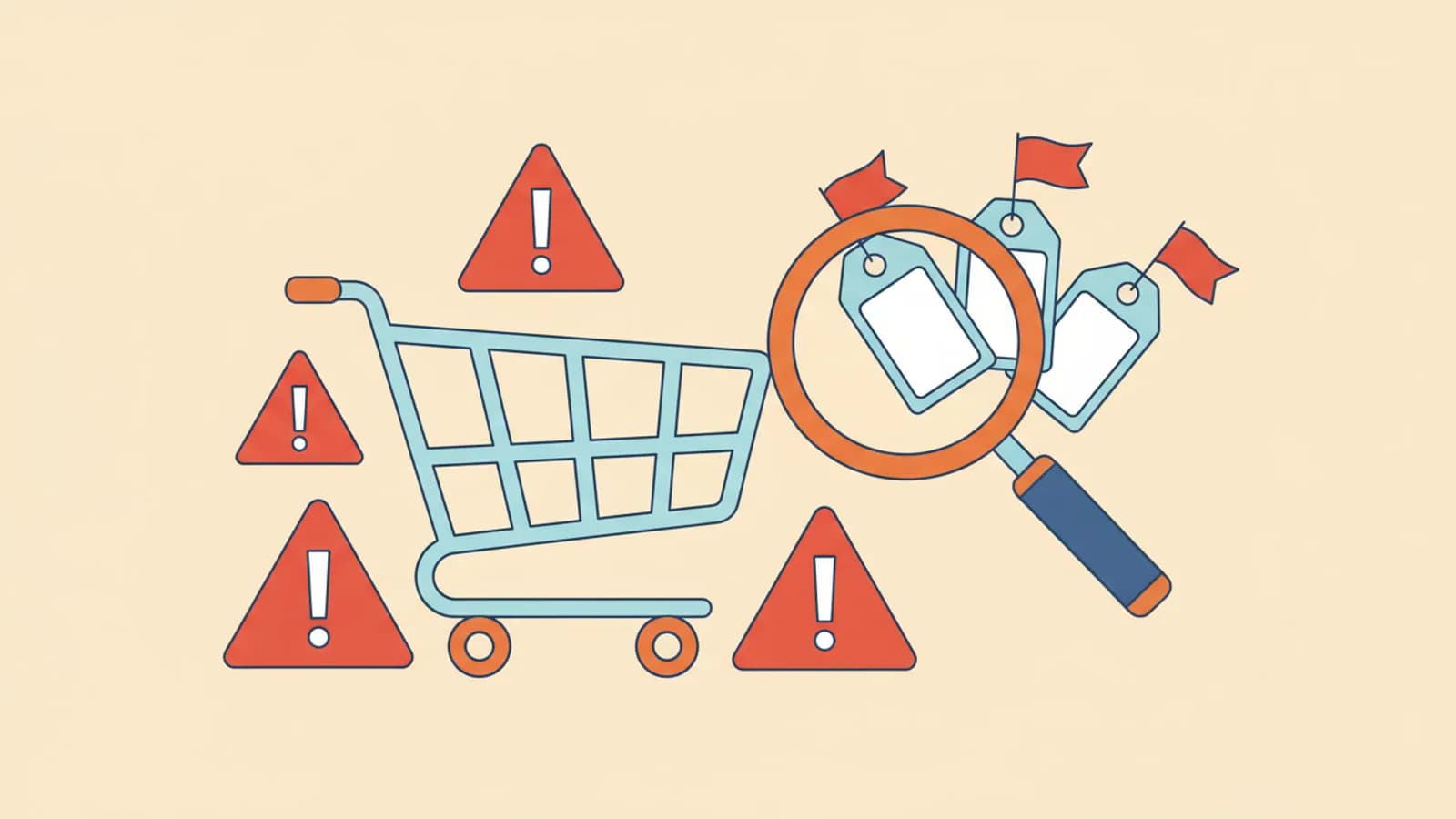 Illustration d'un panier d'achat entouré de panneaux d'avertissement et de loupes examinant des étiquettes de prix