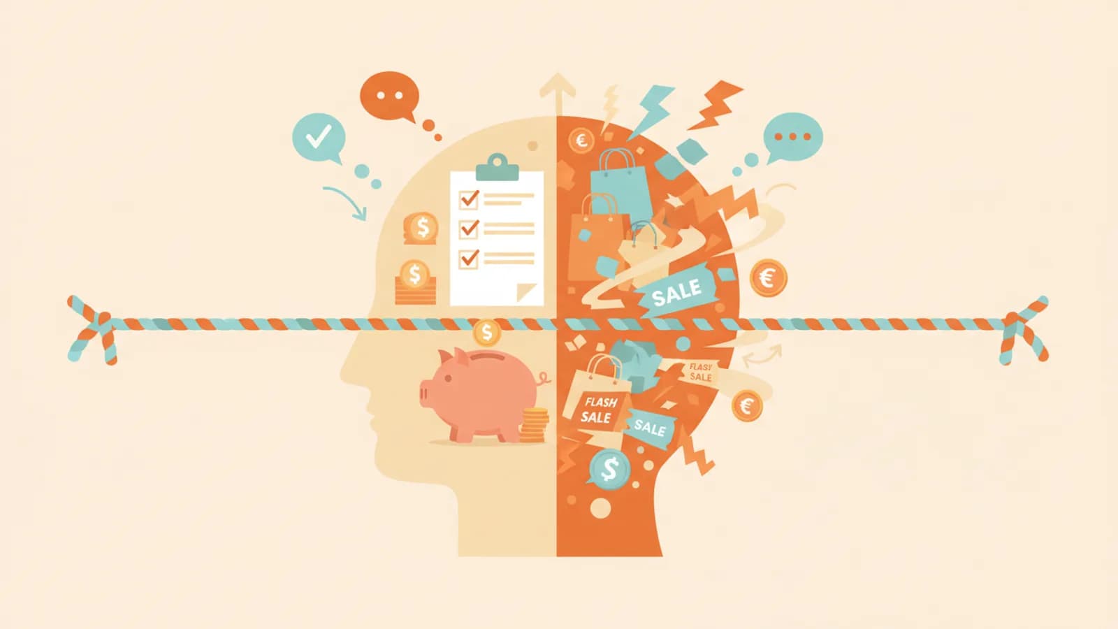 Illustration d un cerveau avec un ange rationnel et un diable impulsif autour d un caddie