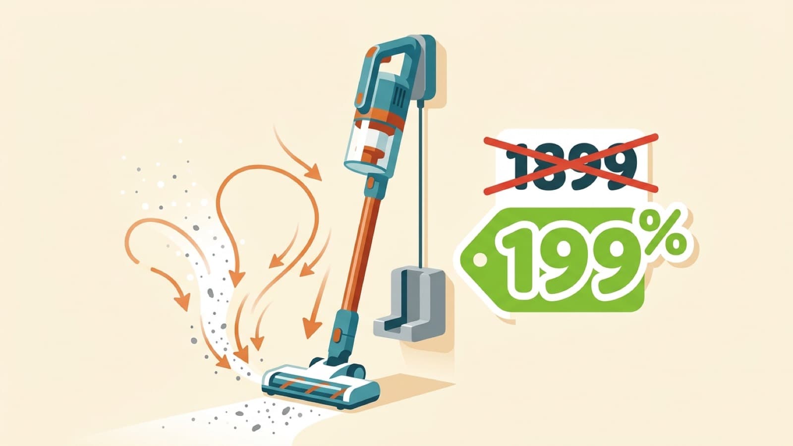 Illustration d'un aspirateur balai sans fil avec une étiquette de prix barrée et un nouveau prix bas