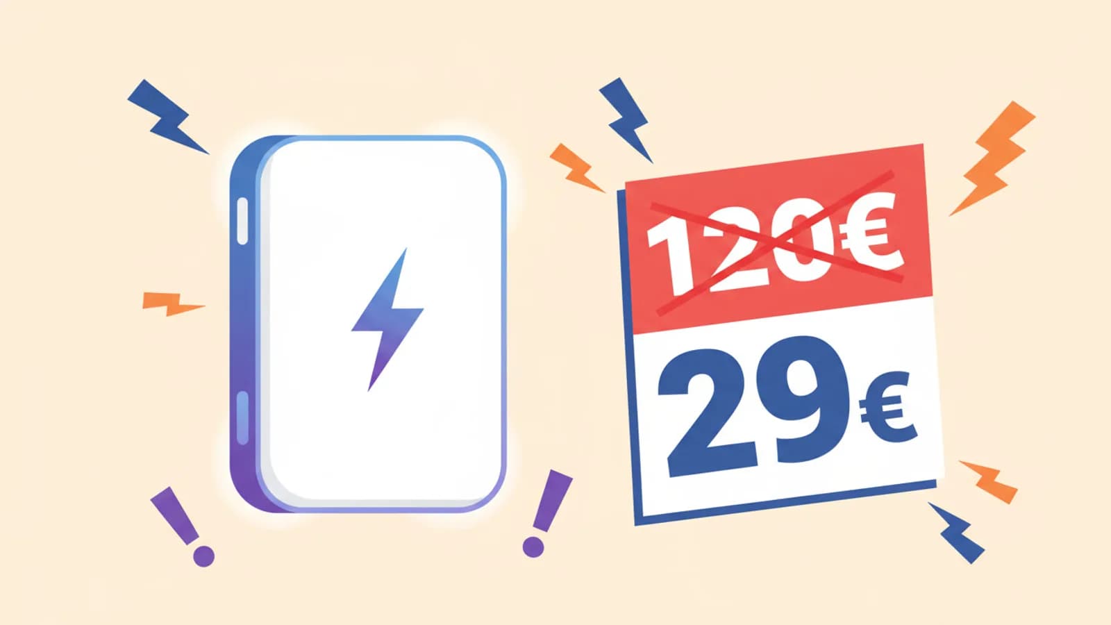 Illustration d'une batterie externe avec une étiquette de prix barrée et un prix bas