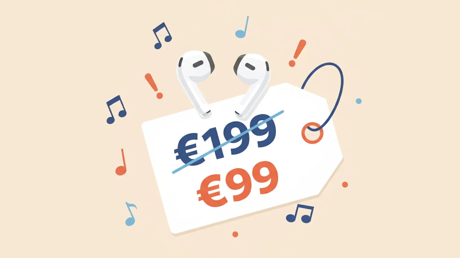 Illustration d'écouteurs sans fil avec une étiquette de prix barrée et un prix très bas