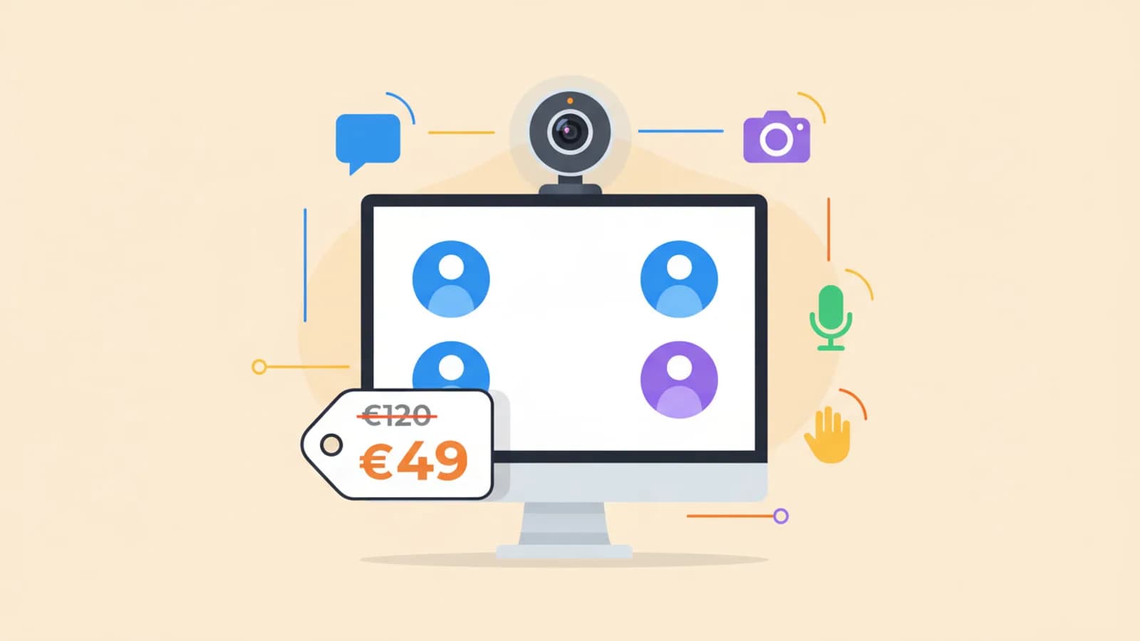 Illustration d'une webcam avec une étiquette de prix barrée et un prix bas