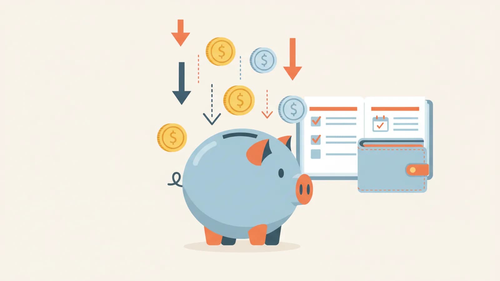 Tirelire entourée de pièces et de tickets de caisse avec des fleches vers le bas