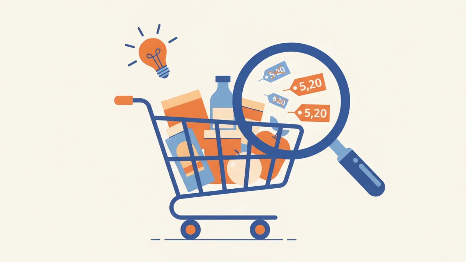 Panier d'achat avec des étiquettes de prix barrees et une loupe