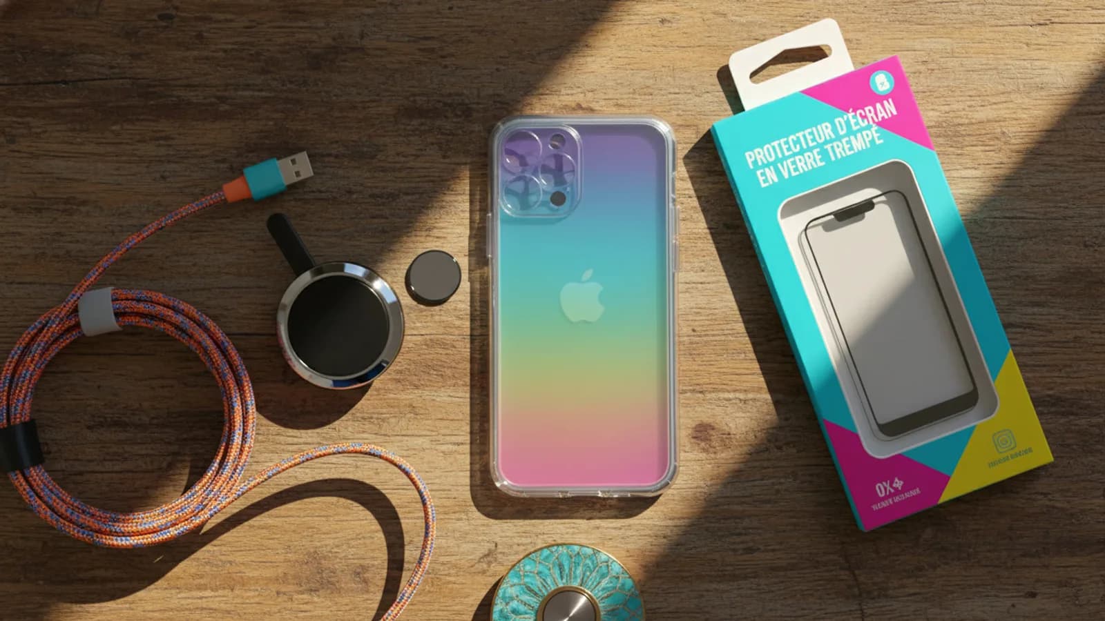 Accessoires smartphone pas cher disposés sur une surface : coque, câble USB-C, verre trempé, support voiture et anneau