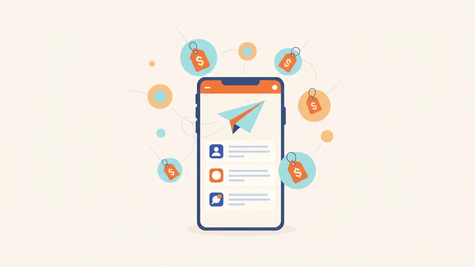 Écran de téléphone affichant des notifications Telegram avec des étiquettes de prix