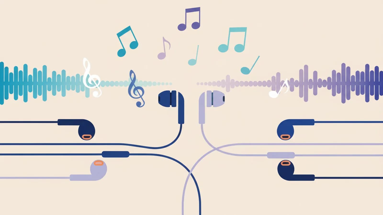Illustration de plusieurs paires d'écouteurs filaires alignées avec des notes de musique