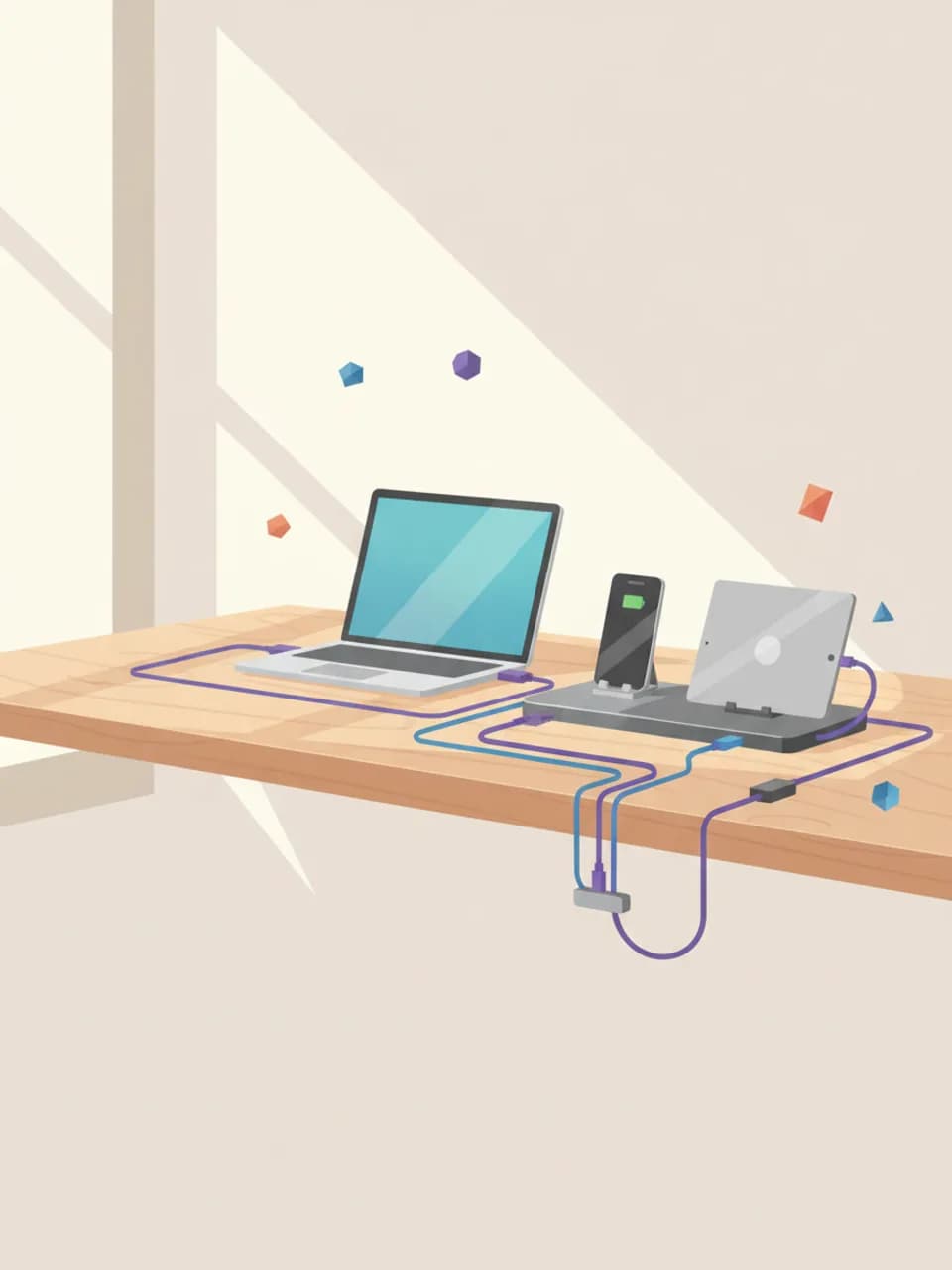 Un bureau bien rangé avec un chargeur multiport posé à côté d un ordinateur portable