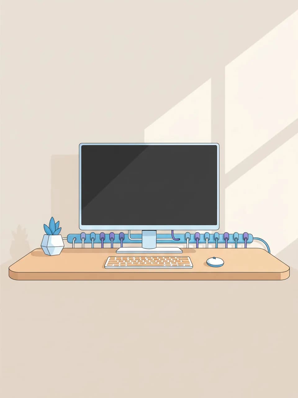 Un bureau bien rangé avec des câbles parfaitement organisés le long du bord