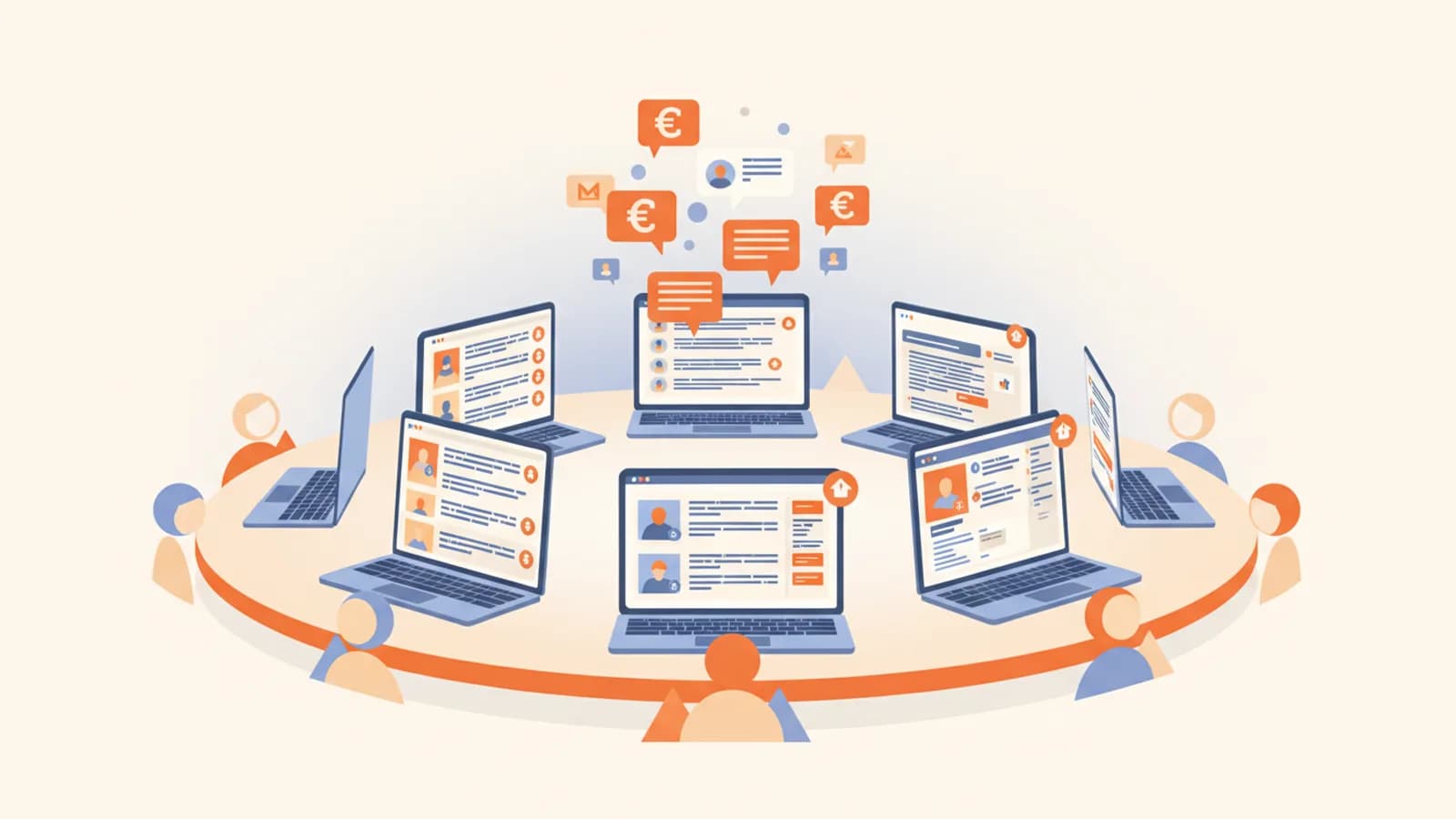 Illustration de plusieurs écrans affichant des communautés en ligne avec des étiquettes de prix