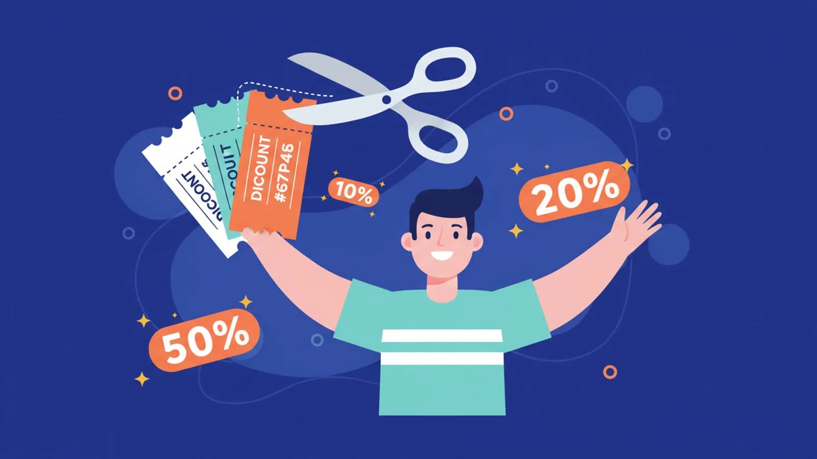 Ciseaux decoupant un coupon de reduction avec des pourcentages flottants