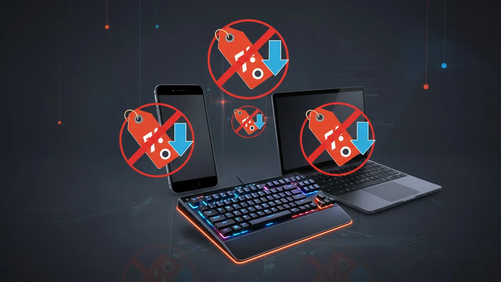 Smartphone, clavier gaming et ordinateur portable avec des étiquettes de prix barrées