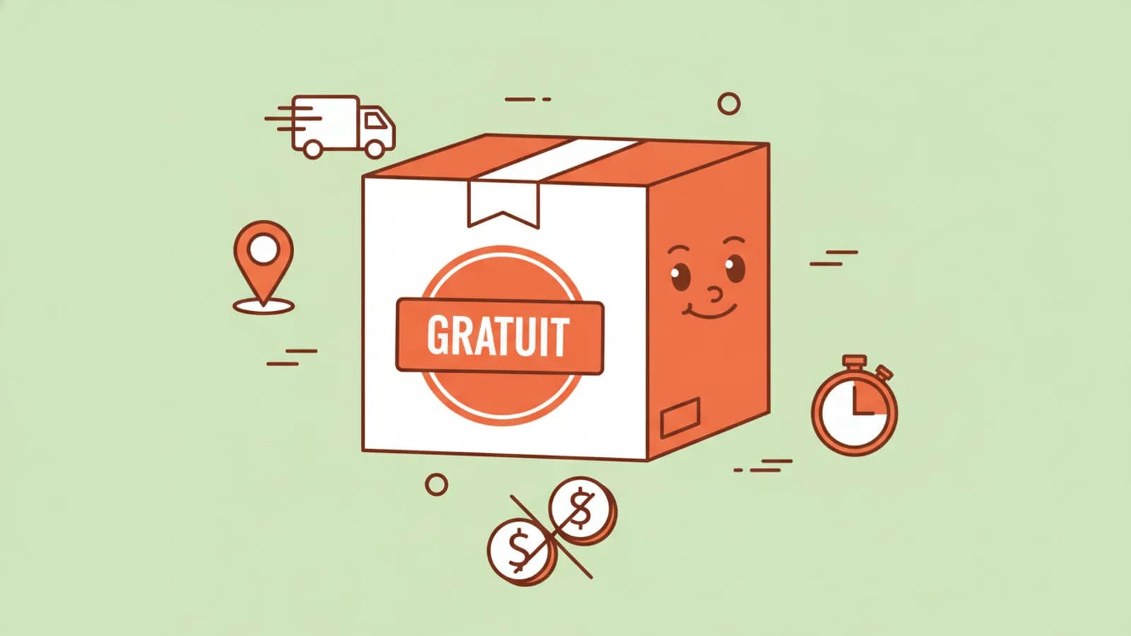 Colis de livraison avec un badge gratuit et des icônes de méthodes d'expédition