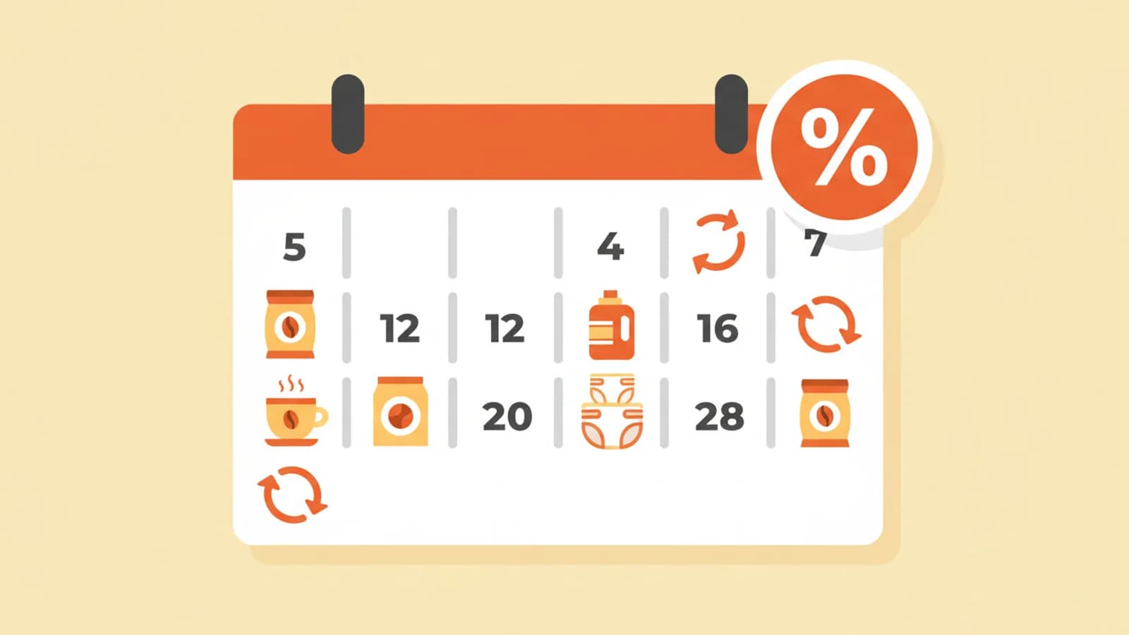 Calendrier avec des produits du quotidien et des flèches de réduction récurrentes