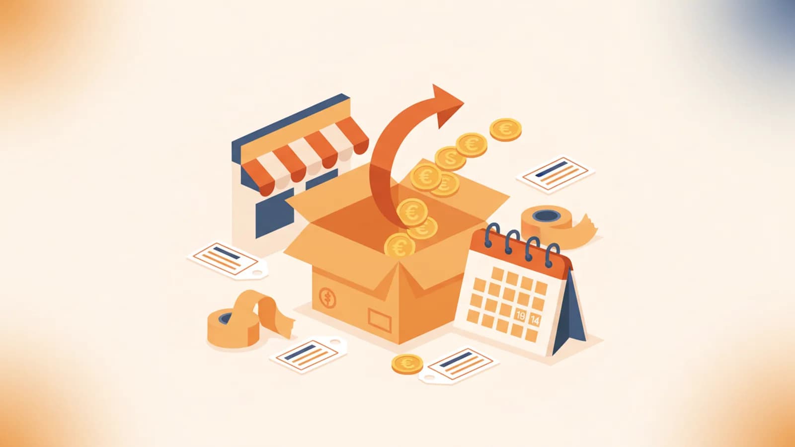 Colis ouvert avec fleche de retour et calendrier montrant 14 jours