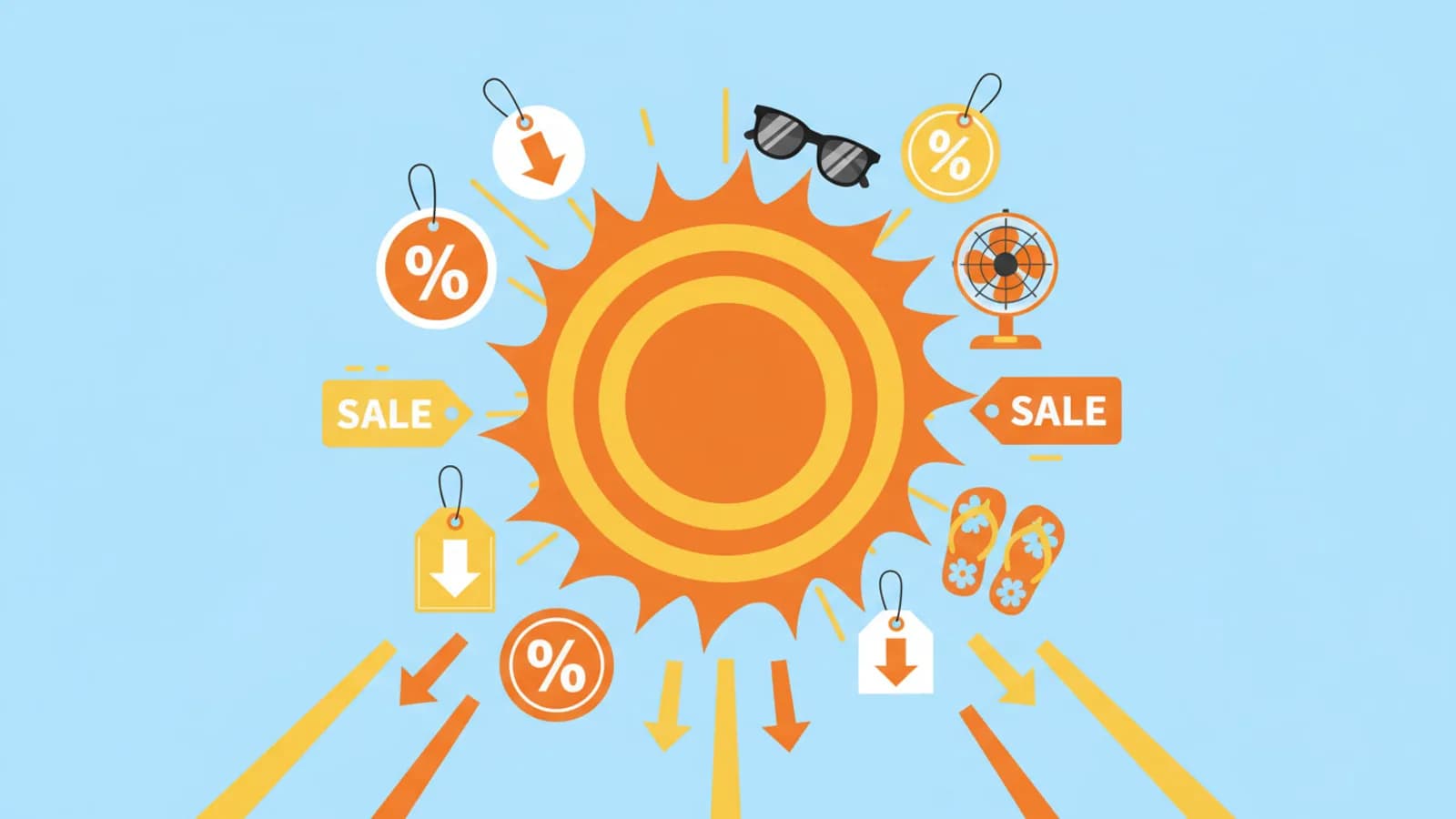 Soleil et étiquettes de soldes sur un fond estival avec des produits en promotion
