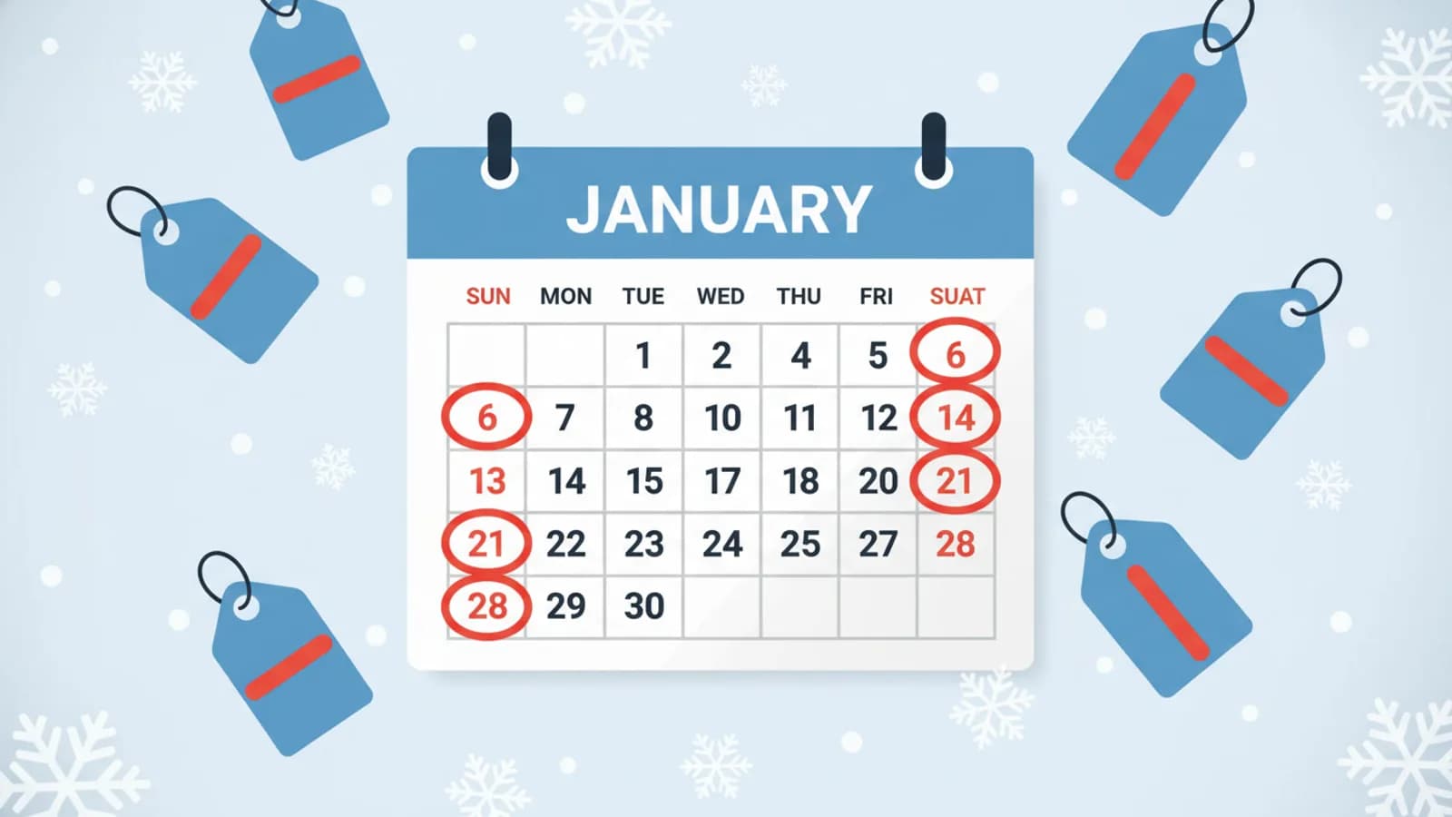 Calendrier de janvier 2027 avec étiquettes de soldes barrées et neige tombant en arrière-plan