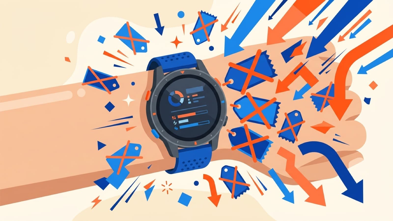 Illustration d'une montre connectée avec une étiquette de prix en chute libre