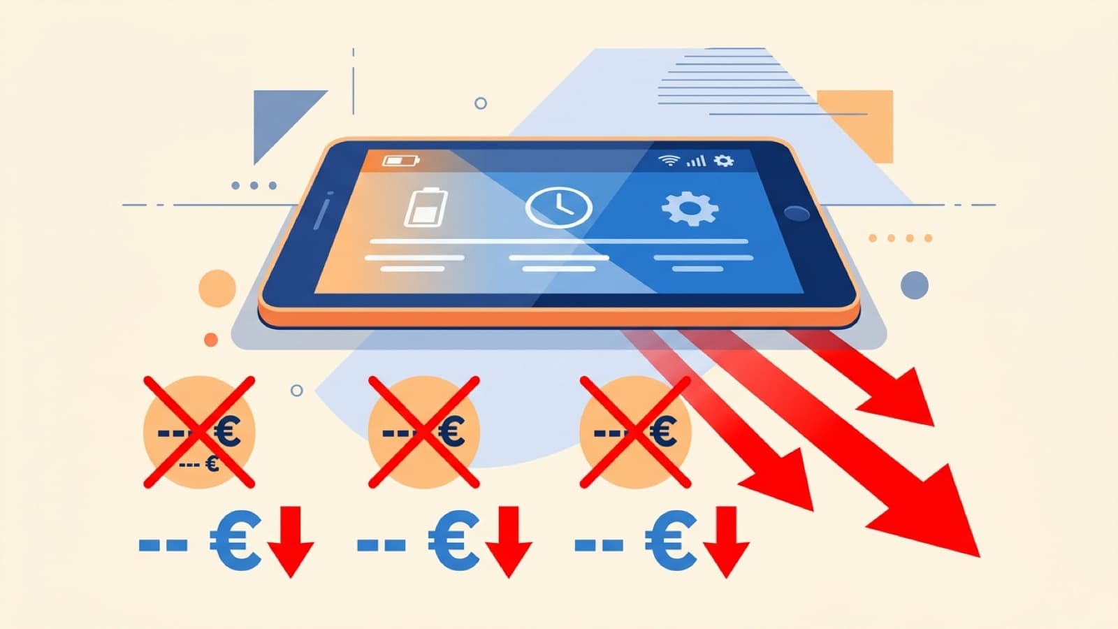 Illustration d'une tablette tactile avec une étiquette de prix barré en chute libre