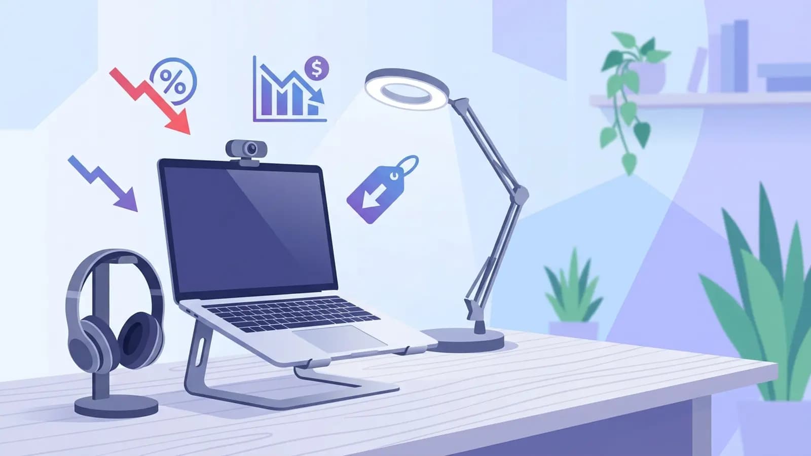 Bureau de teletravail organise avec un ordinateur portable sur support et des accessoires