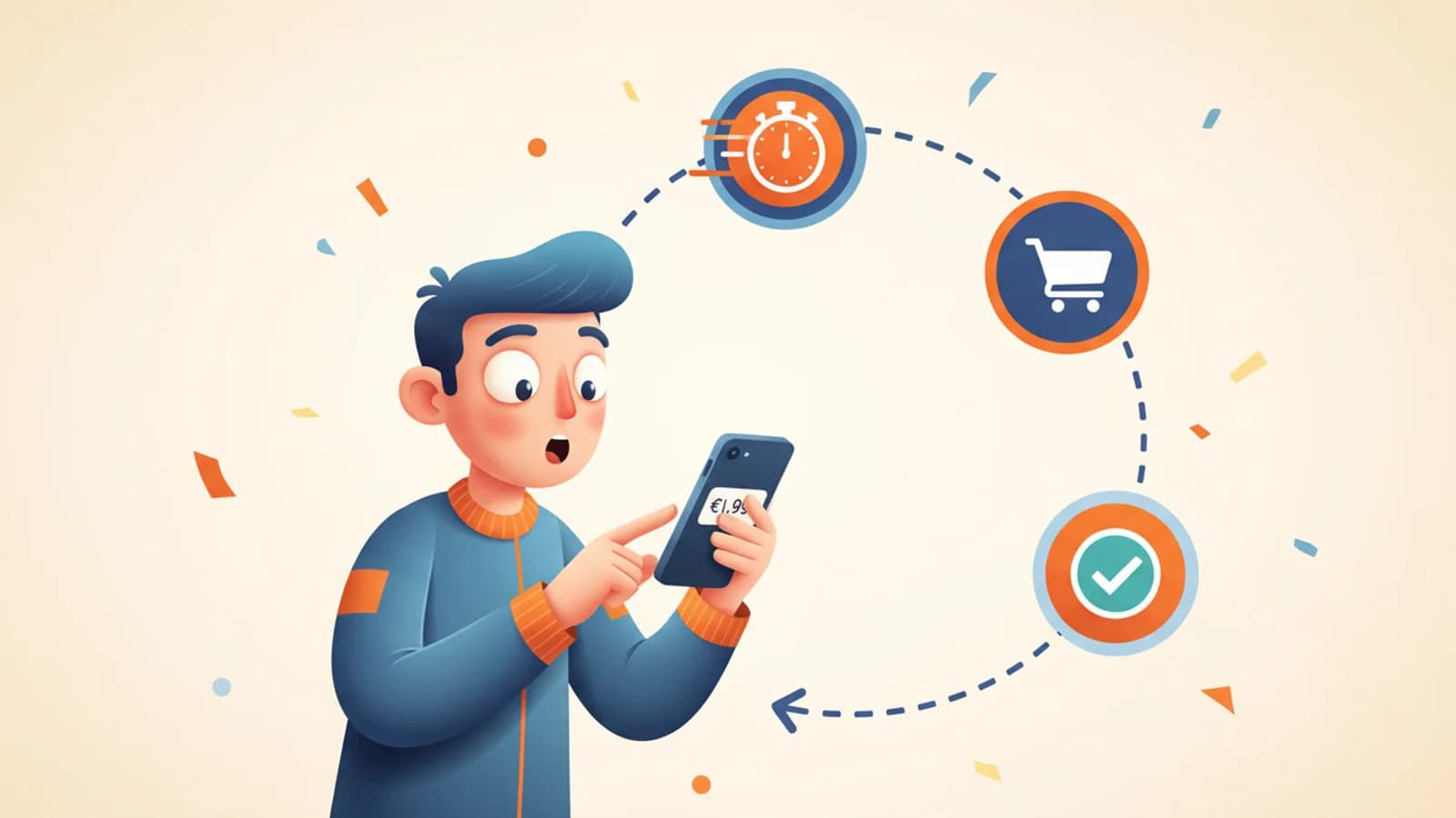 Personnage découvrant une étiquette de prix très bas avec une expression de surprise